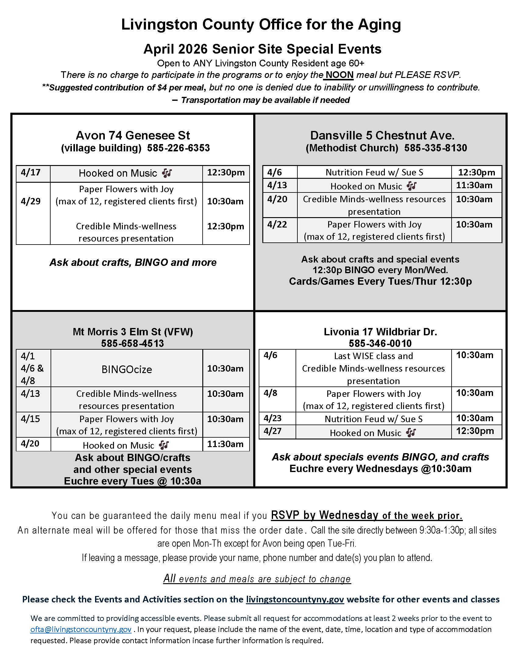Livingston County Office for the Aging April 2026 Senior Site Special Events 